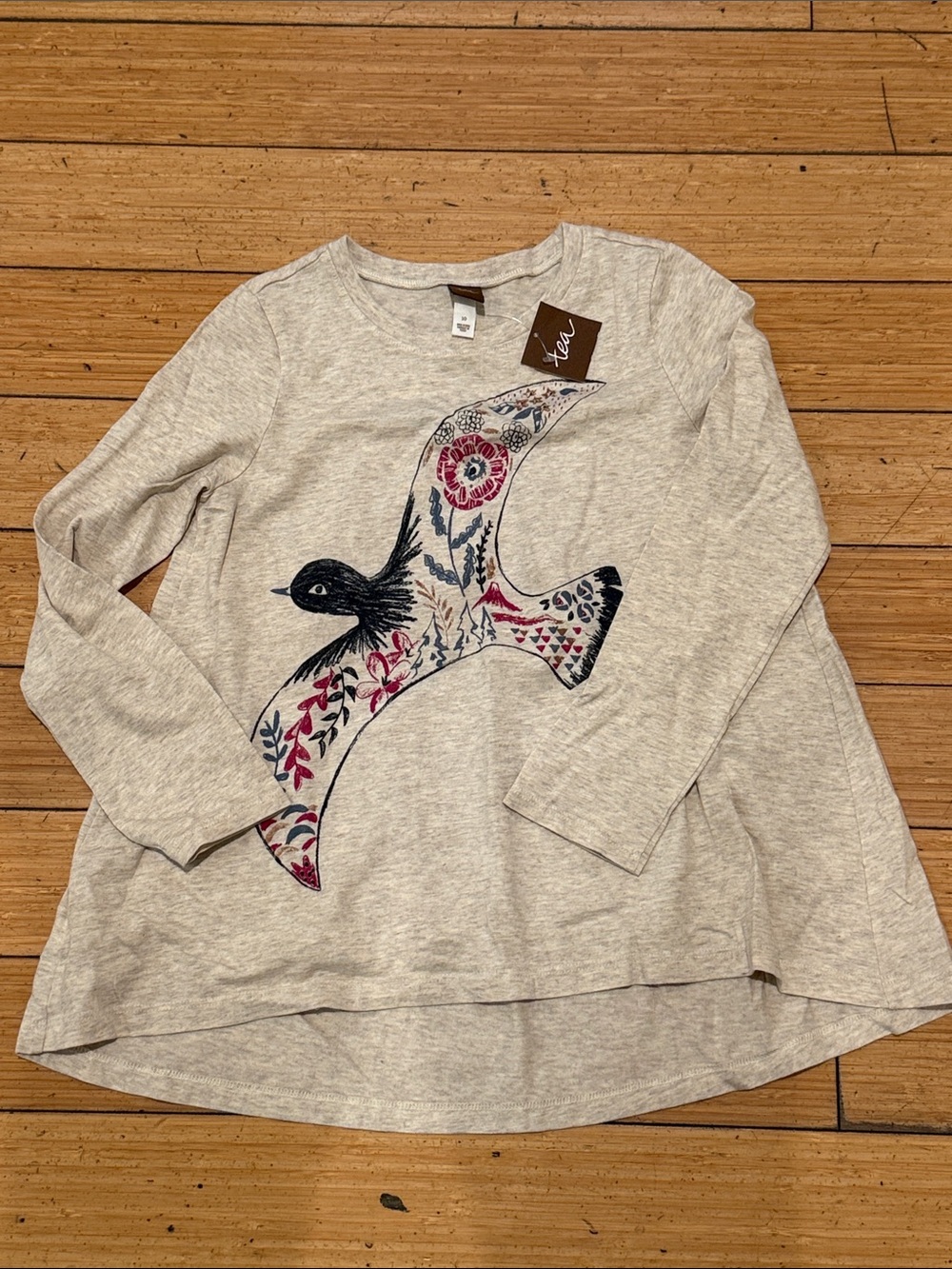Tea Collection Cream Long-Sleeve Top with Floral Bird Graphic NWT